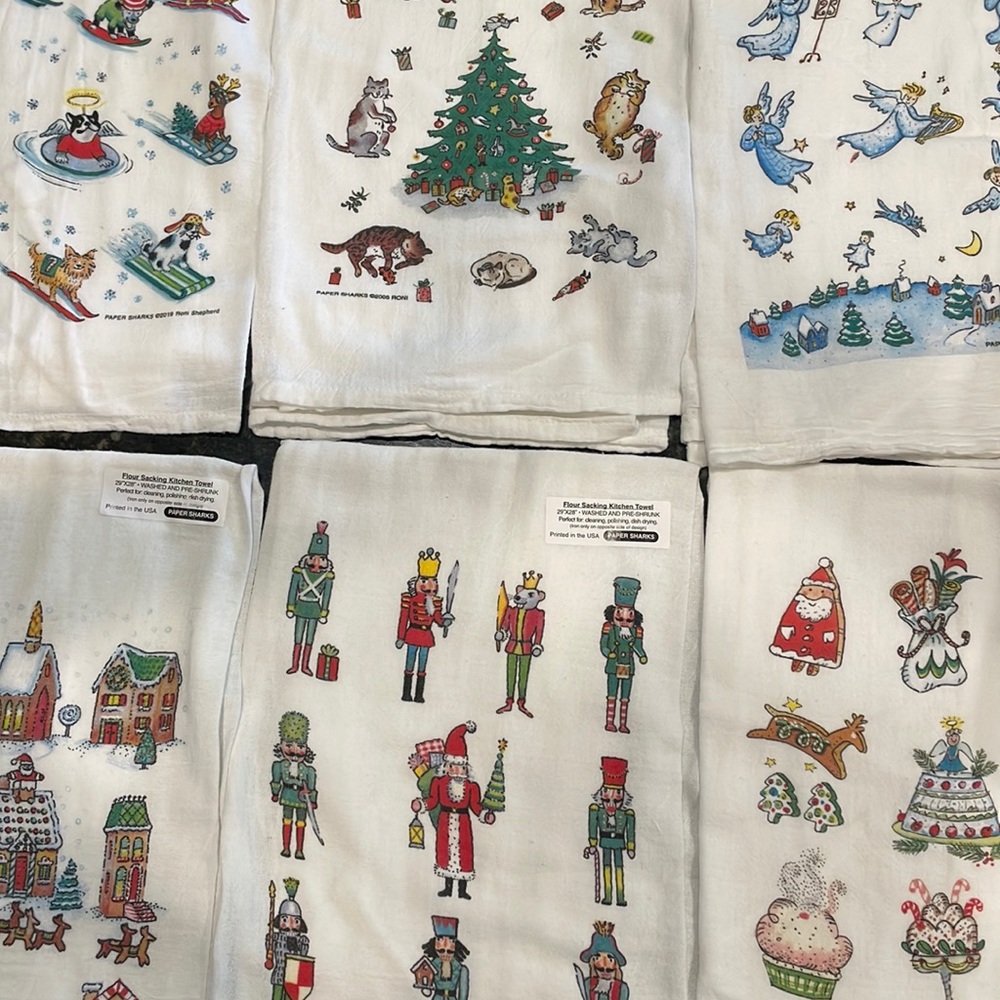 NWT Set of 6 Christmas Flour Sack Dish Towels. 29” x 28”. Washed & Pre-Shrunk